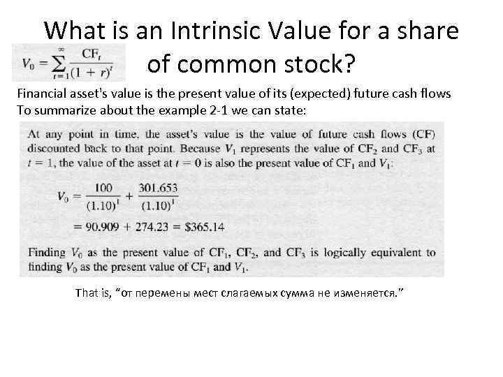 What is an Intrinsic Value for a share of common stock? Financial asset's value