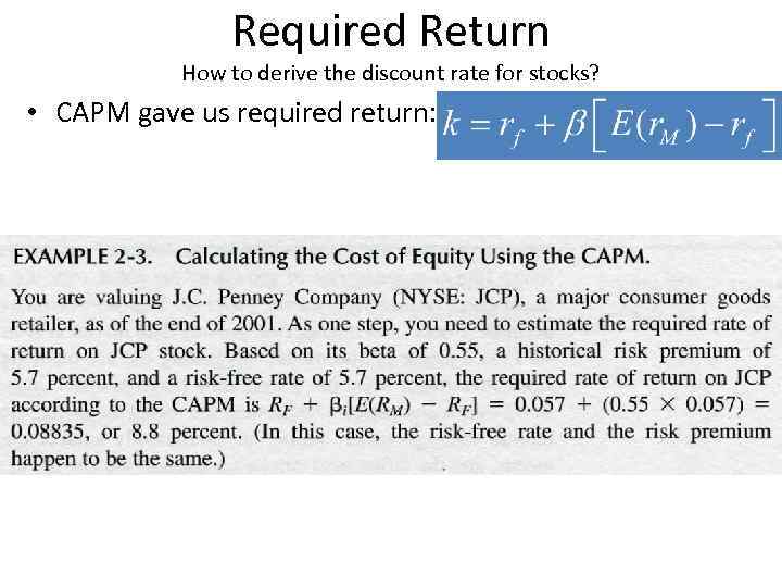 Required Return How to derive the discount rate for stocks? • CAPM gave us