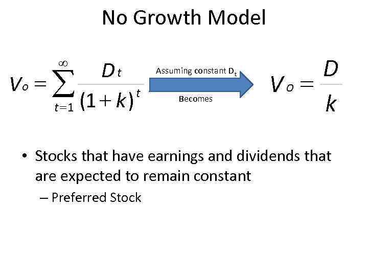 No Growth Model ¥ Dt Vo = å t t = 1 (1 +