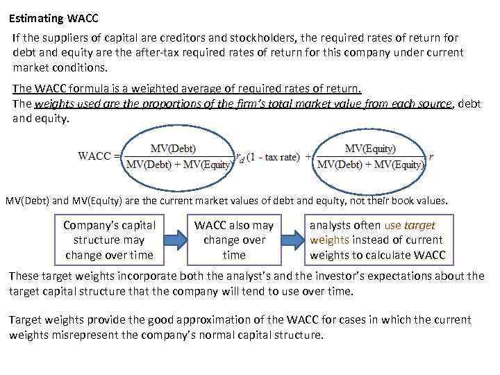 Estimating WACC If the suppliers of capital are creditors and stockholders, the required rates