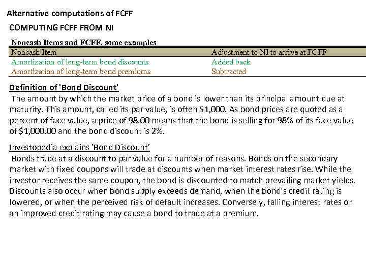 Alternative computations of FCFF COMPUTING FCFF FROM NI Noncash Items and FCFF, some examples