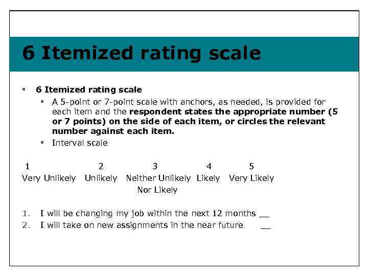 6 Itemized rating scale § A 5 -point or 7 -point scale with anchors,