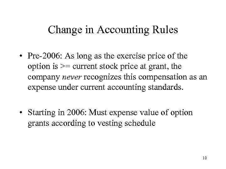 Change in Accounting Rules • Pre-2006: As long as the exercise price of the