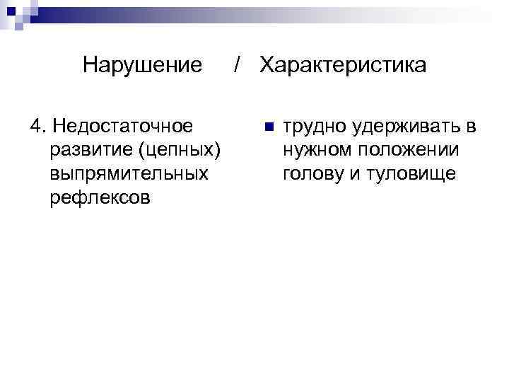 Нарушение 4. Недостаточное развитие (цепных) выпрямительных рефлексов / Характеристика n трудно удерживать в нужном