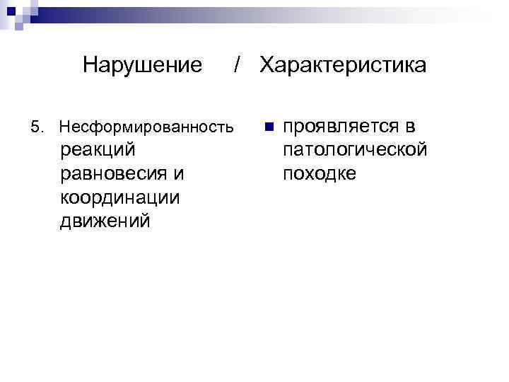 Нарушение 5. Несформированность реакций равновесия и координации движений / Характеристика n проявляется в патологической