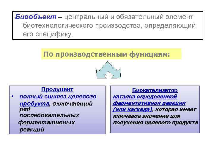 Биообъект – центральный и обязательный элемент биотехнологического производства, определяющий его специфику. По производственным функциям: