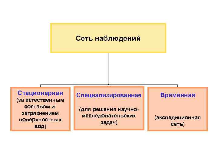 Сеть наблюдений Стационарная (за естественным составом и загрязнением поверхностных вод) Специализированная Временная (для решения