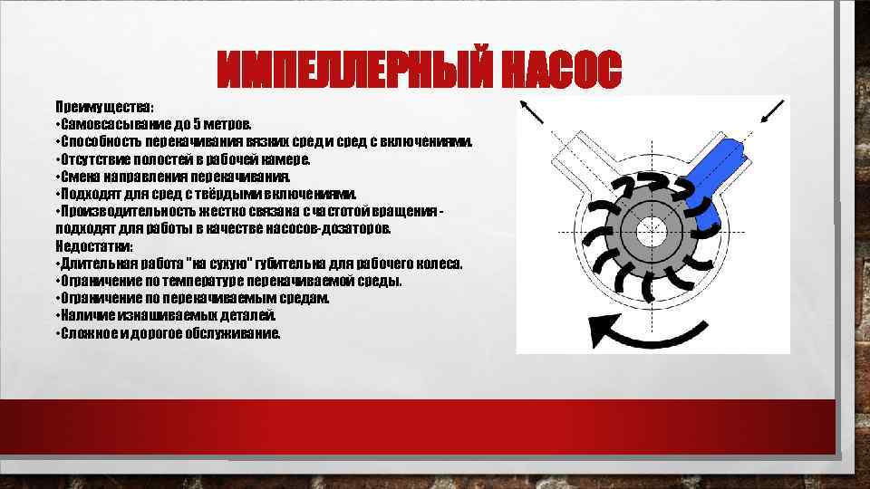 ИМПЕЛЛЕРНЫЙ НАСОС Преимущества: • Самовсасывание до 5 метров. • Способность перекачивания вязких сред и