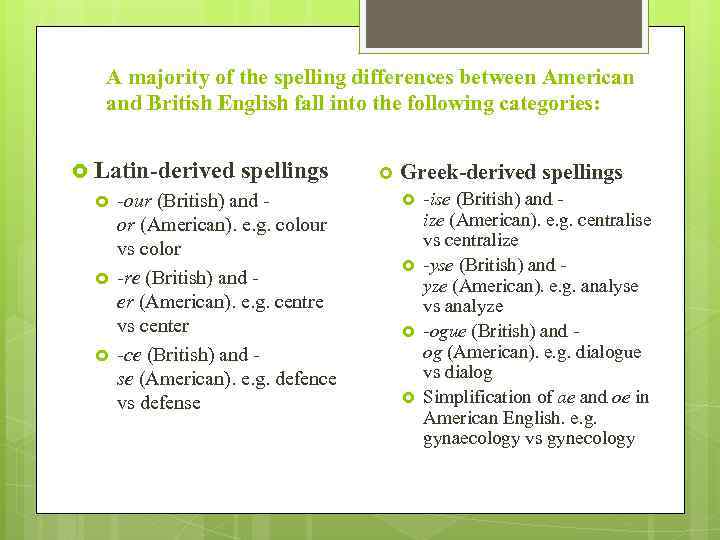 A majority of the spelling differences between American and British English fall into the