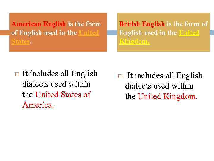 American English is the form of English used in the United States. It includes