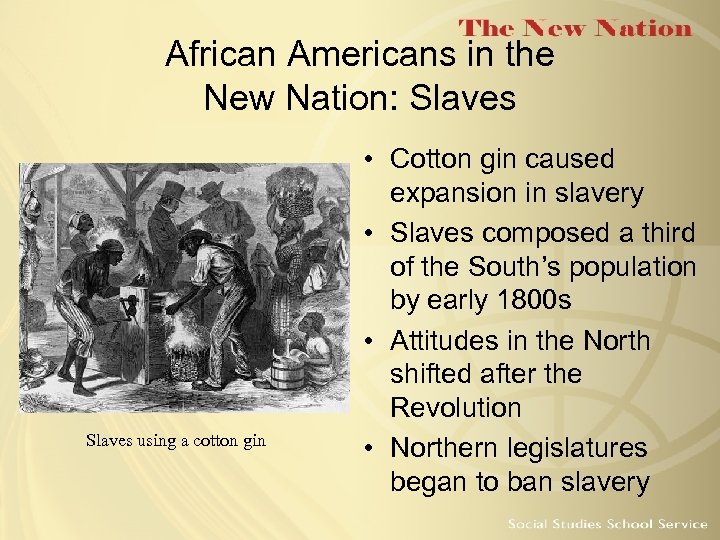 African Americans in the New Nation: Slaves using a cotton gin • Cotton gin