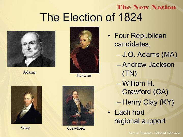 The Election of 1824 Adams Clay Jackson Crawford • Four Republican candidates, – J.