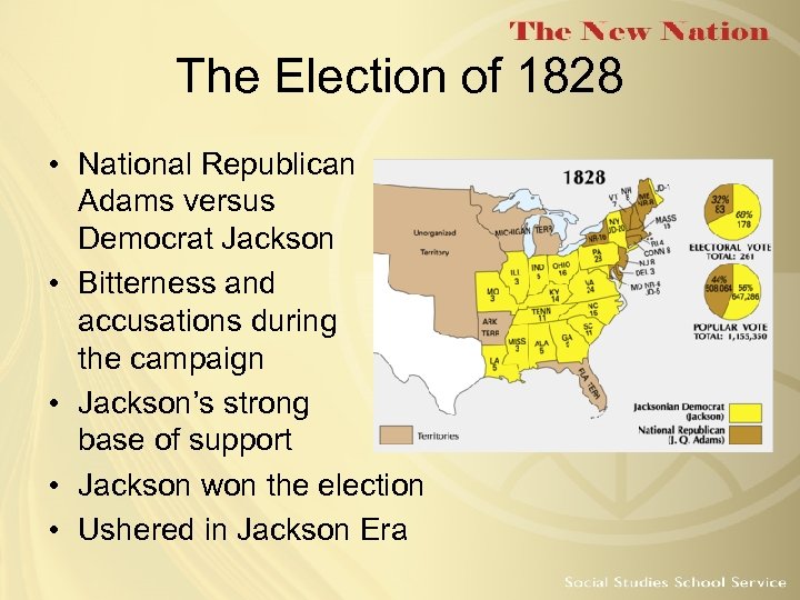 The Election of 1828 • National Republican Adams versus Democrat Jackson • Bitterness and