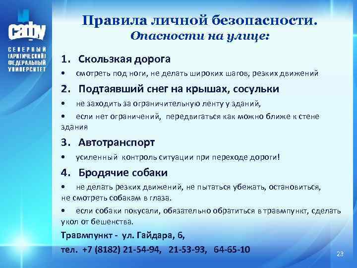 Правила личной безопасности. Опасности на улице: 1. Скользкая дорога • смотреть под ноги, не