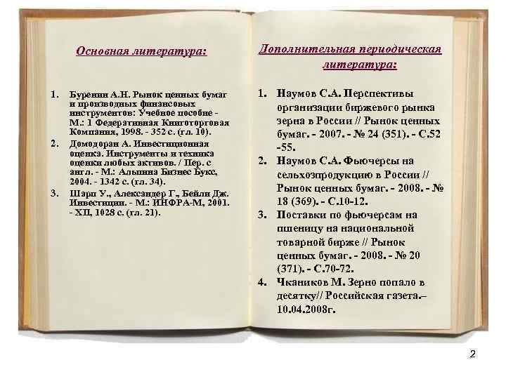 Основная литература: 1. 2. 3. Буренин А. Н. Рынок ценных бумаг и производных финансовых