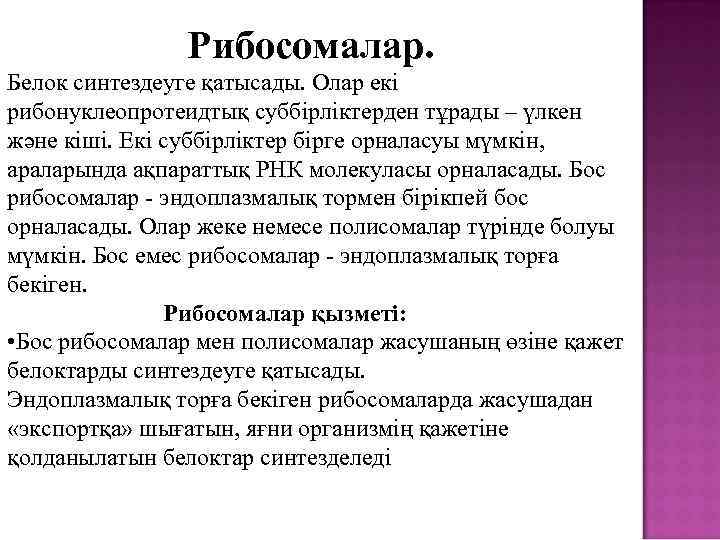 Рибосомалар. Белок синтездеуге қатысады. Олар екі рибонуклеопротеидтық суббірліктерден тұрады – үлкен және кіші. Екі