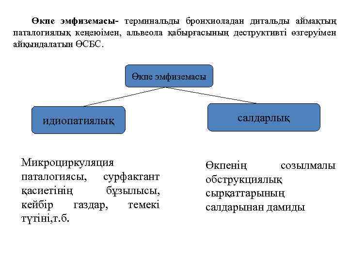 Өкпе эмфиземасы- терминальды бронхиоладан дитальды аймақтың паталогиялық кеңеюімен, альвеола қабырғасының деструктивті өзгеруімен айқындалатын ӨСБС.