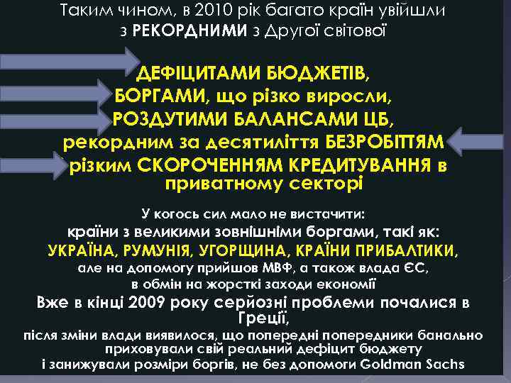 Таким чином, в 2010 рік багато країн увійшли з РЕКОРДНИМИ з Другої світової ДЕФІЦИТАМИ