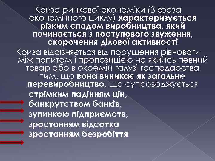 Криза ринкової економіки (3 фаза економічного циклу) характеризується різким спадом виробництва, який починається з