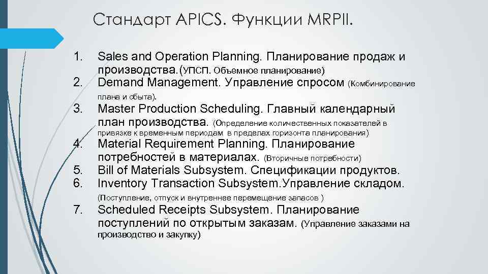 Стандарт APICS. Функции MRPII. 1. 2. 3. 4. 5. 6. 7. Sales and Operation