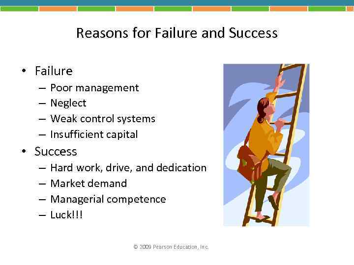 Reasons for Failure and Success • Failure – – Poor management Neglect Weak control