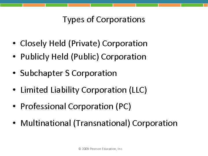 Types of Corporations • Closely Held (Private) Corporation • Publicly Held (Public) Corporation •