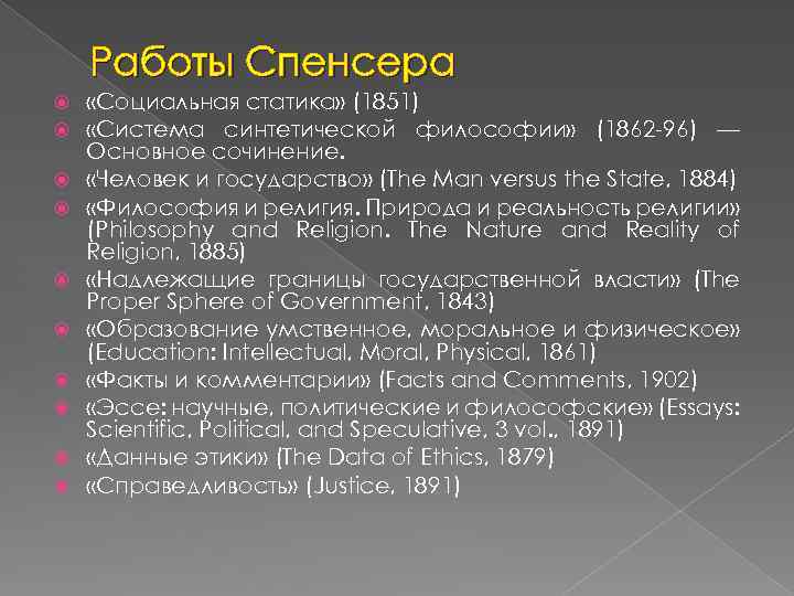 Работы Спенсера «Социальная статика» (1851) «Система синтетической философии» (1862 -96) — Основное сочинение. «Человек
