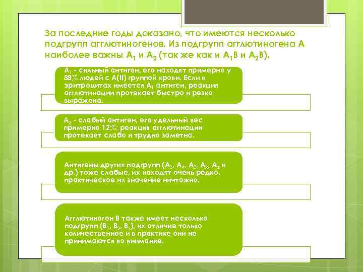 За последние годы доказано, что имеются несколько подгрупп агглютиногенов. Из подгрупп агглютиногена А наиболее