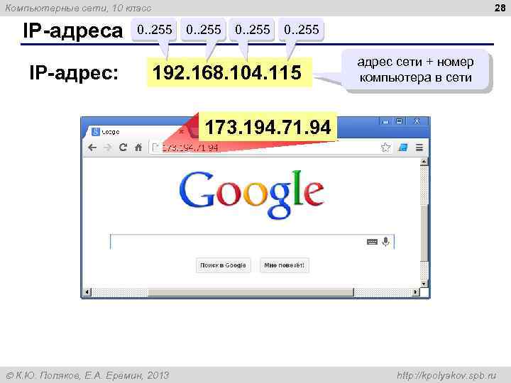 28 Компьютерные сети, 10 класс IP адреса IP адрес: 0. . 255 192. 168.