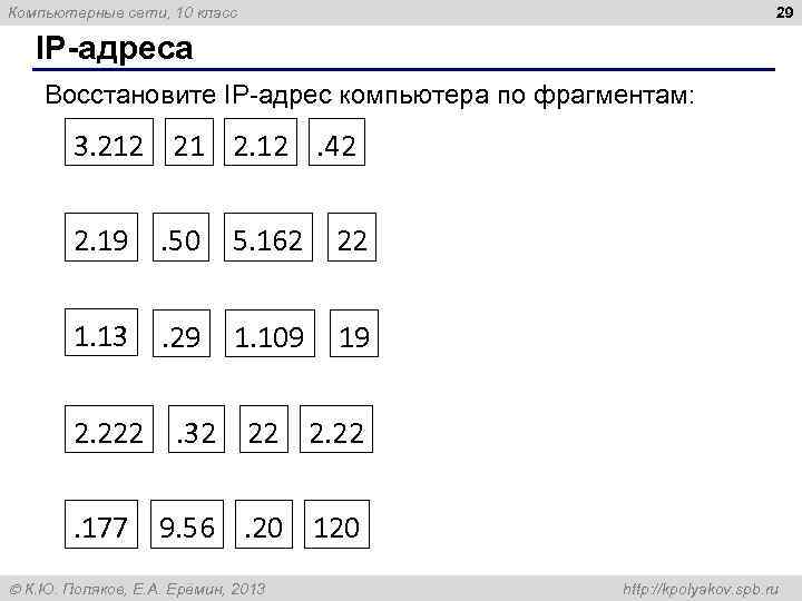 29 Компьютерные сети, 10 класс IP адреса Восстановите IP-адрес компьютера по фрагментам: 3. 212