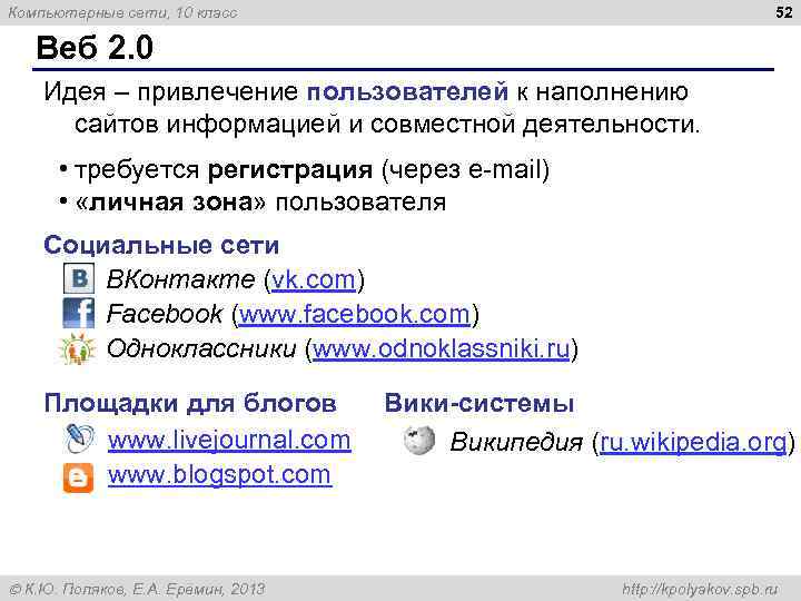 52 Компьютерные сети, 10 класс Веб 2. 0 Идея – привлечение пользователей к наполнению