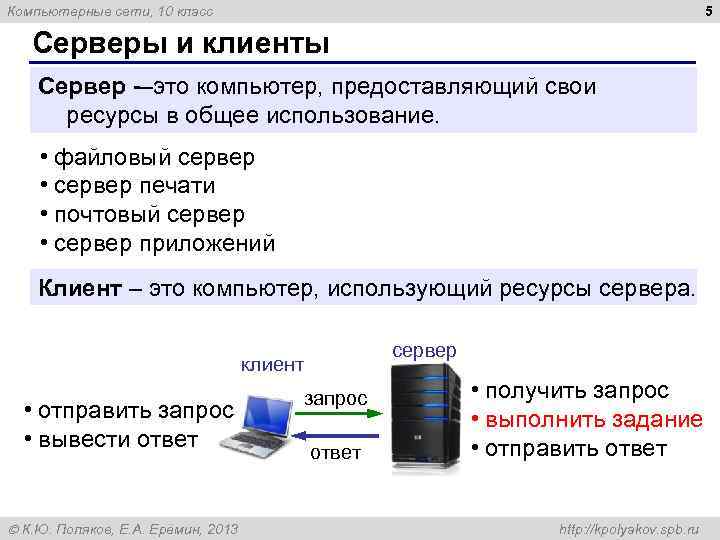 5 Компьютерные сети, 10 класс Серверы и клиенты Сервер – то компьютер, предоставляющий свои