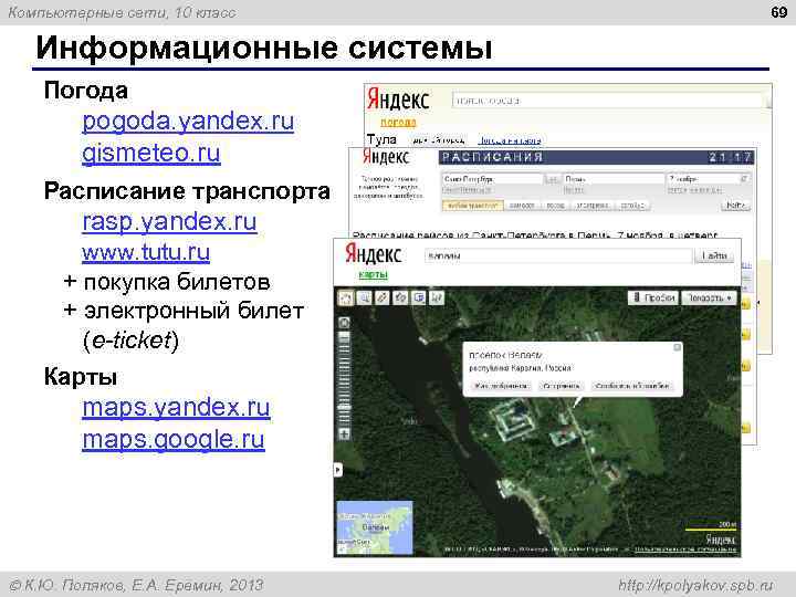Компьютерные сети, 10 класс 69 Информационные системы Погода pogoda. yandex. ru gismeteo. ru Расписание