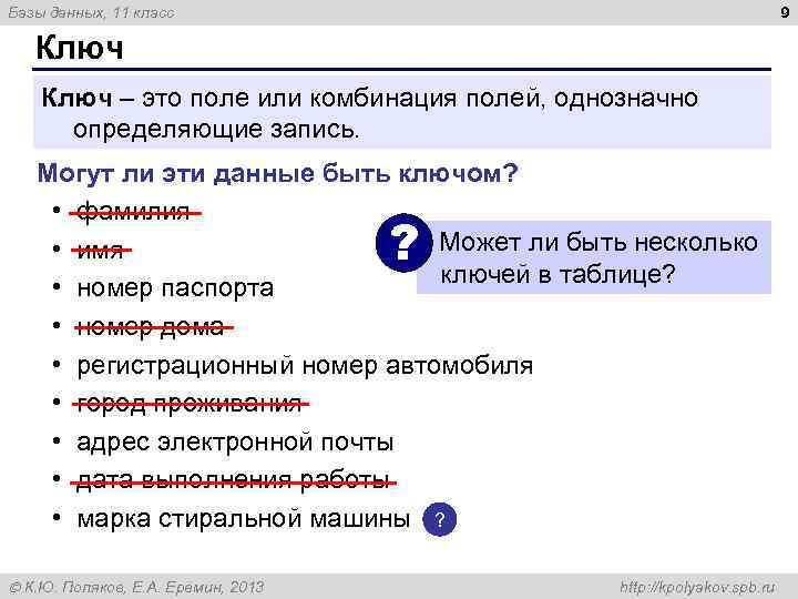 9 Базы данных, 11 класс Ключ – это поле или комбинация полей, однозначно определяющие