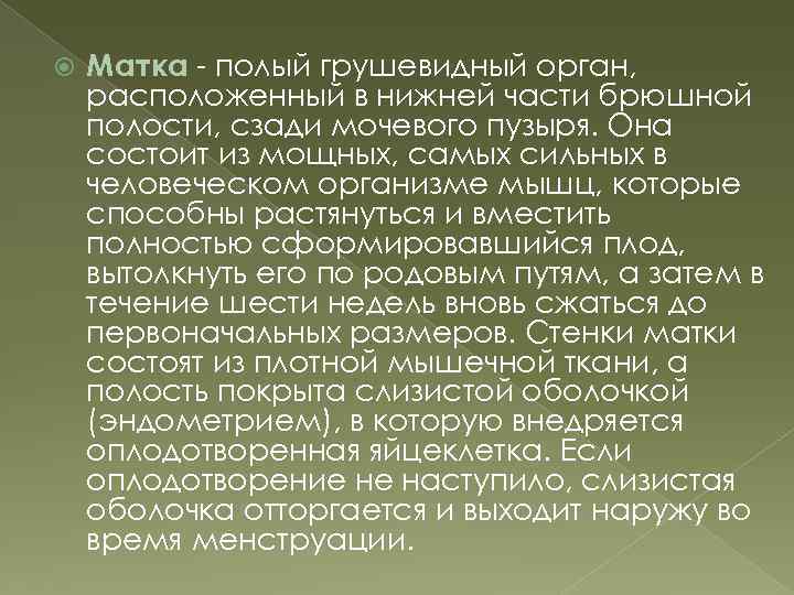  Матка - полый грушевидный орган, расположенный в нижней части брюшной полости, сзади мочевого