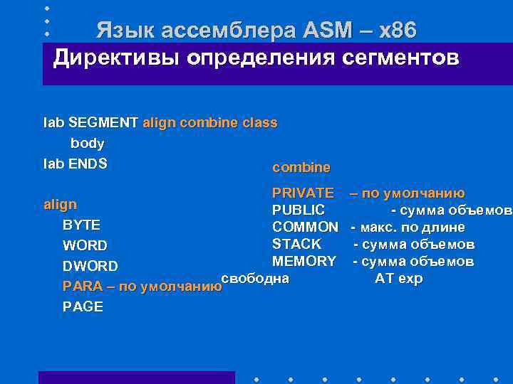 Язык ассемблера ASM – x 86 Директивы определения сегментов lab SEGMENT align combine class