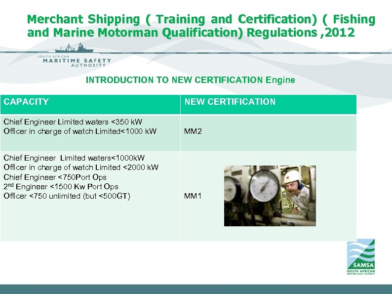 Merchant Shipping ( Training and Certification) ( Fishing and Marine Motorman Qualification) Regulations ,