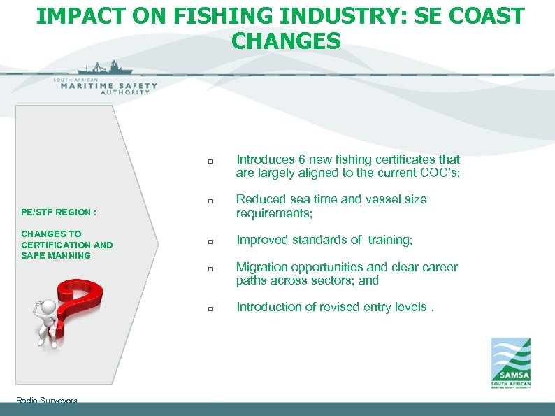 IMPACT ON FISHING INDUSTRY: SE COAST CHANGES q q PE/STF REGION : CHANGES TO