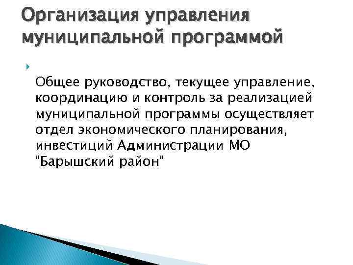 Организация управления муниципальной программой Общее руководство, текущее управление, координацию и контроль за реализацией муниципальной