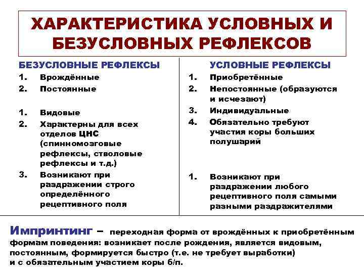 ХАРАКТЕРИСТИКА УСЛОВНЫХ И БЕЗУСЛОВНЫХ РЕФЛЕКСОВ БЕЗУСЛОВНЫЕ РЕФЛЕКСЫ 1. 2. Врождённые Постоянные 1. 2. Видовые