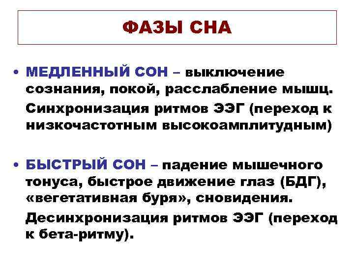 ФАЗЫ СНА • МЕДЛЕННЫЙ СОН – выключение сознания, покой, расслабление мышц. Синхронизация ритмов ЭЭГ