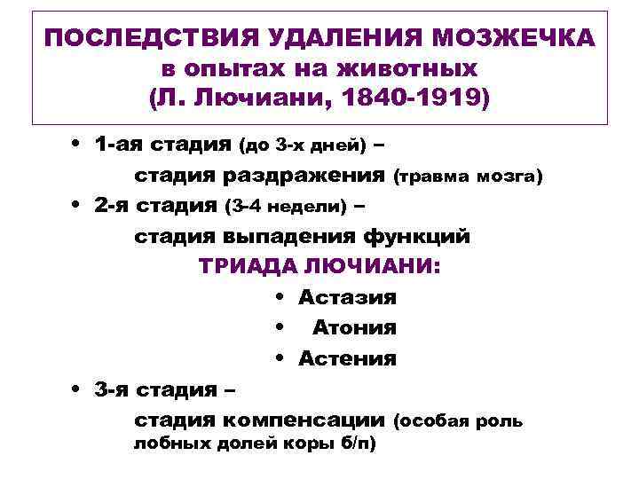 ПОСЛЕДСТВИЯ УДАЛЕНИЯ МОЗЖЕЧКА в опытах на животных (Л. Лючиани, 1840 -1919) • 1 -ая