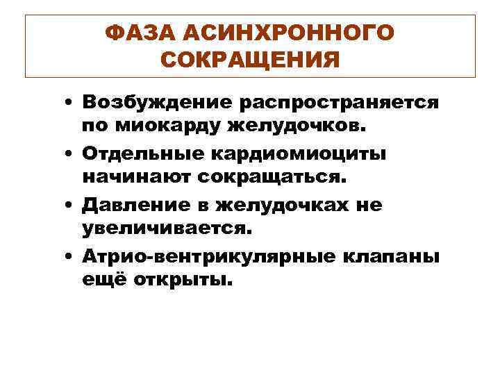 ФАЗА АСИНХРОННОГО СОКРАЩЕНИЯ • Возбуждение распространяется по миокарду желудочков. • Отдельные кардиомиоциты начинают сокращаться.