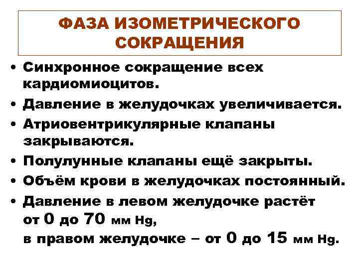 ФАЗА ИЗОМЕТРИЧЕСКОГО СОКРАЩЕНИЯ • Синхронное сокращение всех кардиомиоцитов. • Давление в желудочках увеличивается. •