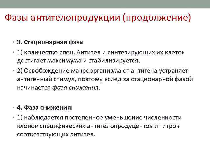 Фазы антителопродукции (продолжение) • 3. Стационарная фаза • 1) количество спец. Антител и синтезирующих