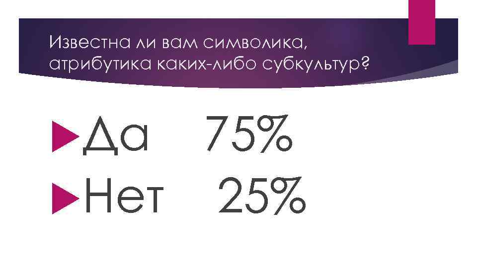 Известна ли вам символика, атрибутика каких-либо субкультур? Да 75% Нет 25% 