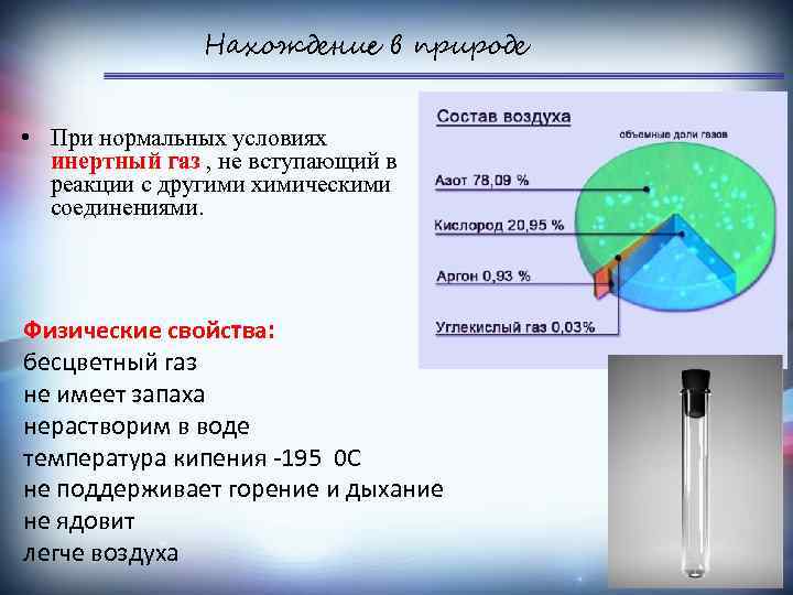 Нахождение в природе • При нормальных условиях инертный газ , не вступающий в реакции