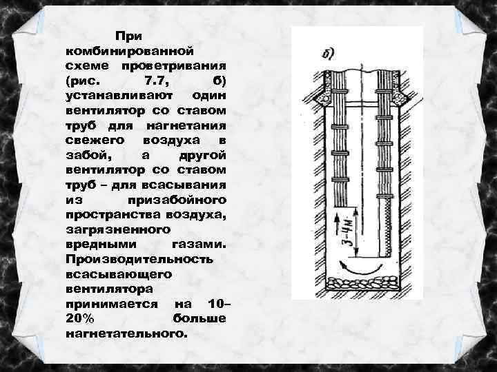 При комбинированной схеме проветривания (рис. 7. 7, б) устанавливают один вентилятор со ставом труб