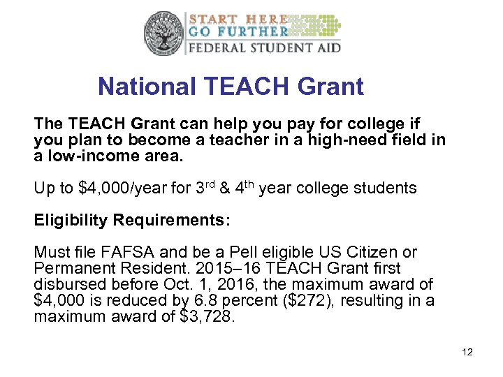 National TEACH Grant The TEACH Grant can help you pay for college if you