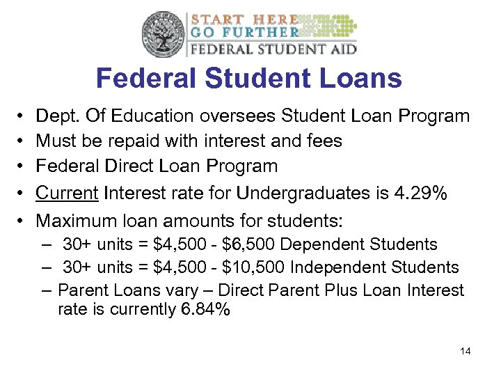 Federal Student Loans • • • Dept. Of Education oversees Student Loan Program Must